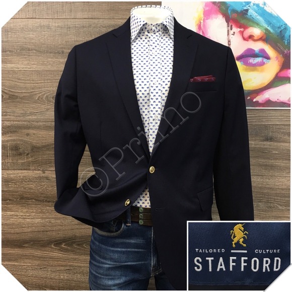 STAFFORD Mens Navy Blazer Sport Coat Casual Jacket Size 46R Classic Wool Suit‎